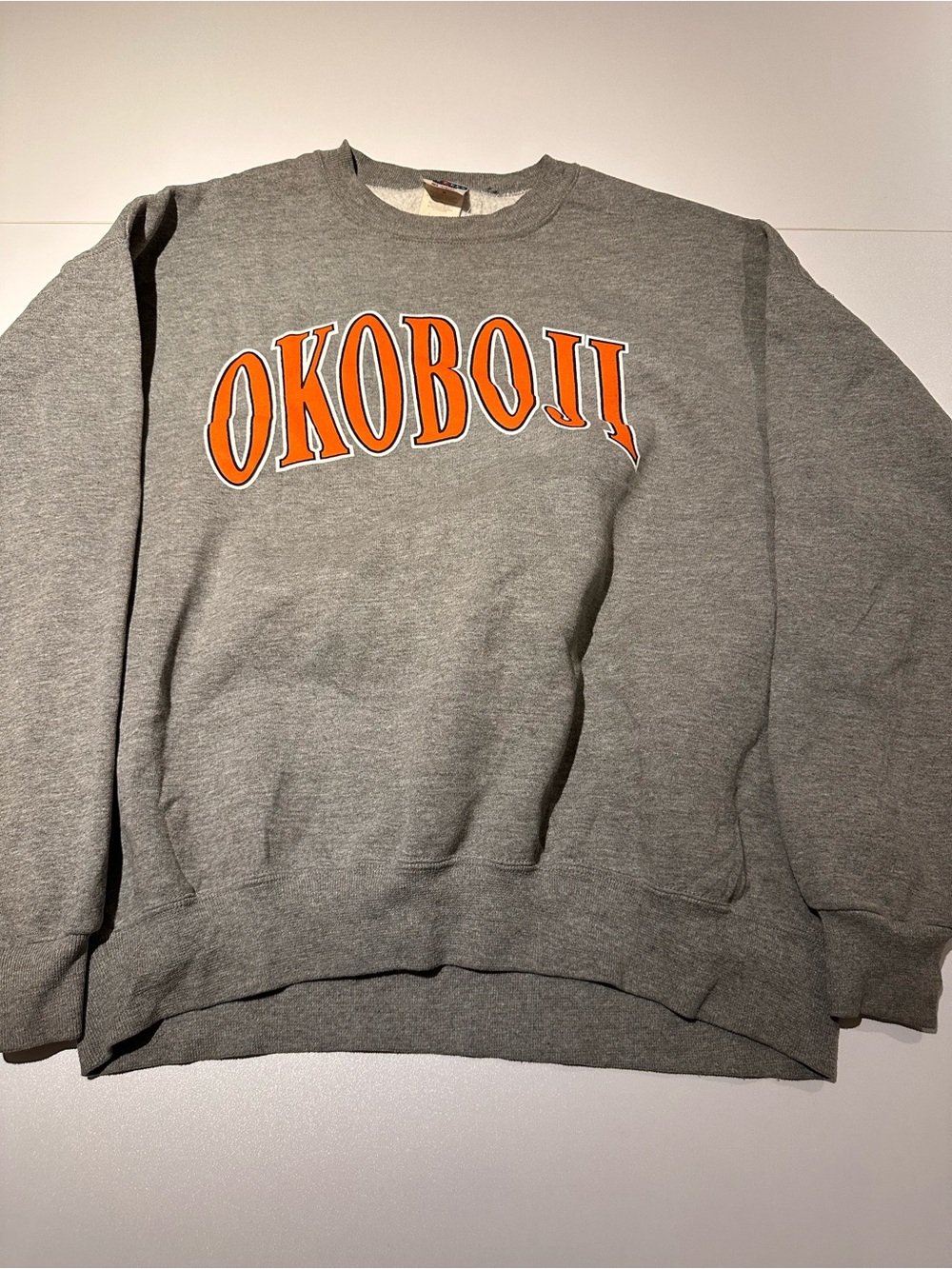Jerzees Gray Crewneck Sweatshirt with Orange OKOBOJI Arch